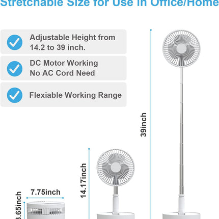 Foldaway/Foldable Fan With 7200Mah Rechargeable Battery BuiltIn, Running Time 1024 Hours Telescopic Tube Portable Quiet Floor Fan