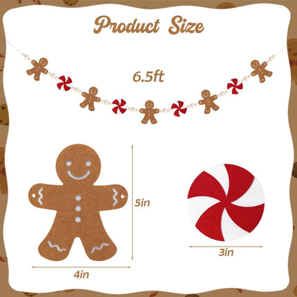 Garland Christmas Decorations Indoor: 6.5ft Farmhouse Gingerbread Man Peppermint Candy Wooden Beads Christmas Decor, Cute Rustic Gingerbread Ornaments Xmas Banner for Home Wall Mantel Fireplace