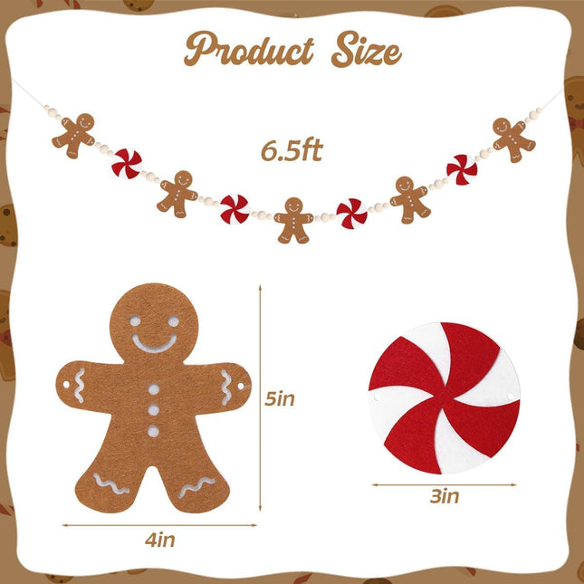 Garland Christmas Decorations Indoor: 6.5ft Farmhouse Gingerbread Man Peppermint Candy Wooden Beads Christmas Decor, Cute Rustic Gingerbread Ornaments Xmas Banner for Home Wall Mantel Fireplace