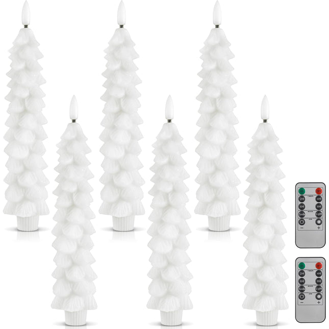 Funtery 6 Pcs Christmas Flameless Taper Candles with Remote Timer 9.7 Inch Real Wax Battery Operated Christmas Tree Candle Lights Candlesticks with 3D Flame for Home Windows Fireplace Decor (White)