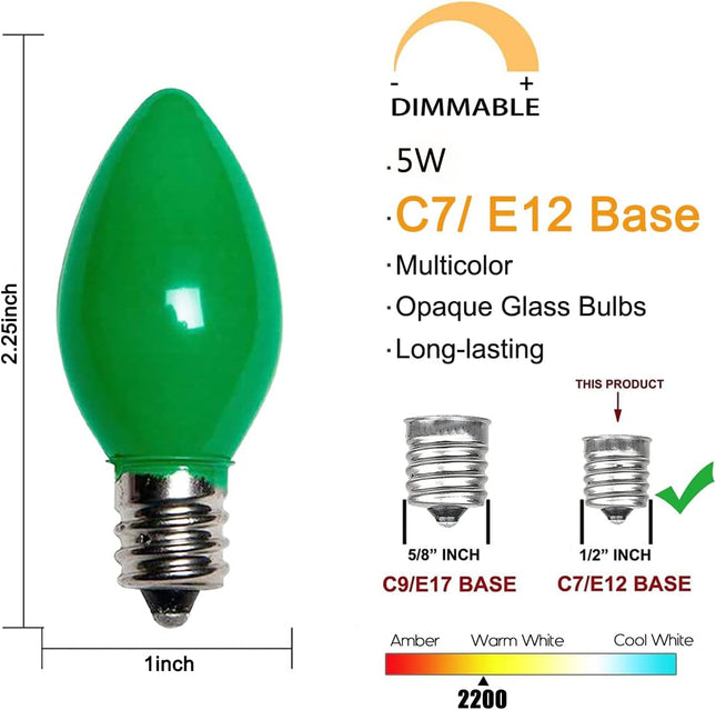 25 Pack C7 Multicolor Christmas Replacement Bulbs, Vintage Multicolor Ceramic Light Bulbs Fits C7 Christmas Indoor Outdoor String Light, C7/E12 Candelabra Base, 5 Watt- Multicolor