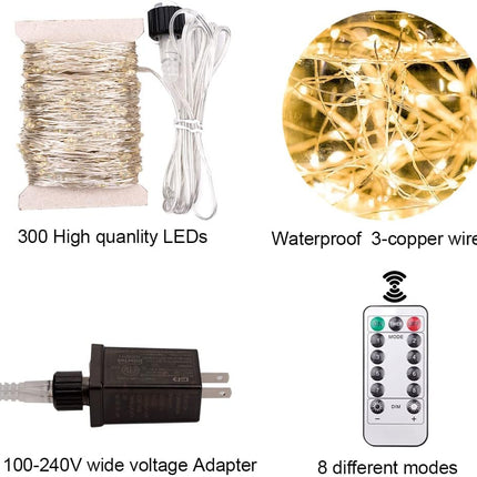 LED Plug in Fairy String Lights 100FT Waterproof Warm White String Lights 300 LED Remote Control for Living Bed Room, Backyard, Patio, Garden, Porch, Wedding or Christmas Decorating