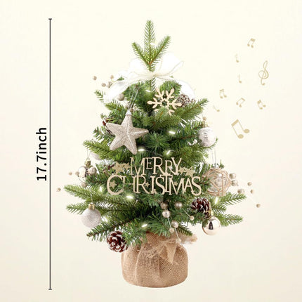 Mini Christmas Tree, Tabletop Small Christmas Tree Green Prelit Christmas Tree with Music Artificial Xmas Tree with Xmas Ornaments Christmas Decorations Indoor Outdoor for Home Party