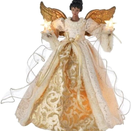 The Bridge Collection 14" Golden African American Angel Tree Topper - Beautiful Gold and White Black Angel Lighted Tree Topper for Christmas Tree