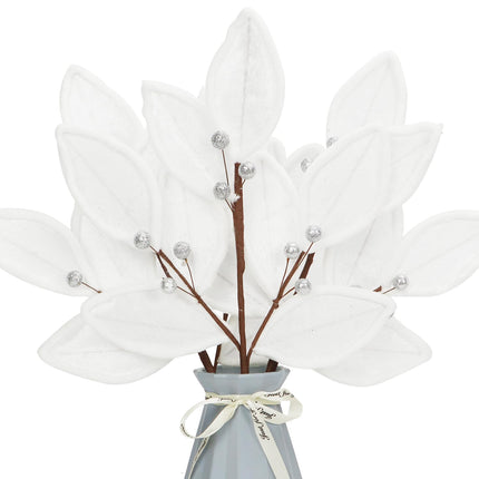 Christmas Tree Picks Leaf Berry Sprays Artificial Velvet Bay Leaves Holly Berries Stems Decorative Sticks for Xmas Tree Topper Vase Filler Branches Flower Arrangment Craft Home Decor Set of 3 (White)