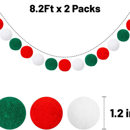 Christmas Felt Garlands, 1.2" Large Pompom Garland Boho Decor, 16.4Ft 60 Balls Felt Ball Garlands, Red Green White Felt Ball Garlands for Christmas Party, Mexico, Italy Party Decor(1.2"/3cm)