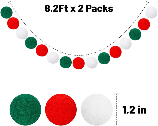 Christmas Felt Garlands, 1.2" Large Pompom Garland Boho Decor, 16.4Ft 60 Balls Felt Ball Garlands, Red Green White Felt Ball Garlands for Christmas Party, Mexico, Italy Party Decor(1.2"/3cm)