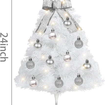24'' White Mini Christmas Tree, Small Tabletop Artificial Xmas Tree with Lights, Balls Ornaments, Treetoper, Battery Operated, Indoor Christmas Decorations, DIY Xmas Decor