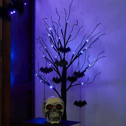 PEIDUO Halloween Decorations, 2FT Black Halloween Tree with 24 Purple Lights and 8 Bat Ornaments, Light up Halloween Decorations with Timer for Indoor Home Desk Table Decor Battery Powered