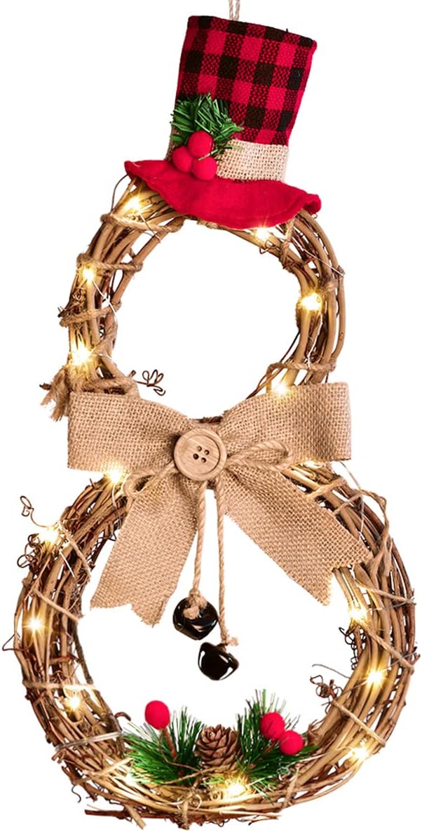 DearHouse 16 x 8 Inch Lighted Christmas Wreath Decoration, Grapevine Wreath with Hat and Bow Snowman Shape Wreath for Front Door Home Garden Wall Decor