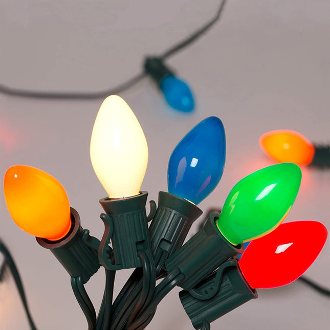 25Ft Christmas Lights Outdoor, C7 Vintage Christmas Lights with 27 Multicolor Ceramic Glass Lights(2 Spare), Outdoor Colorful Christmas Lights for Holidays Patio Garden Party Wedding Decor, Green Wire
