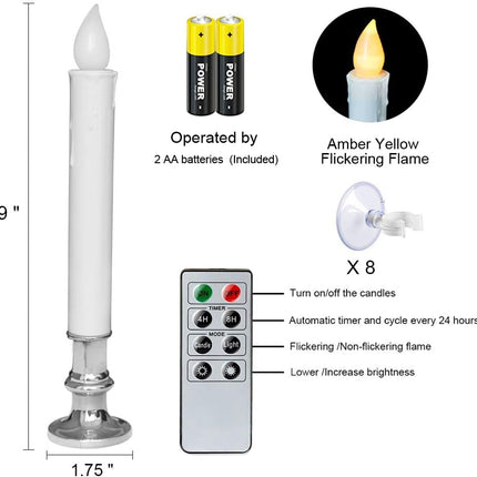 DRomance 9" Flameless Window Taper Candles Battery Operated with 8-Key Remote and Timer, 8 Pack White Christmas Holdiay Window Candles with Silver Holders, Suction Cups and AA Batteries Included