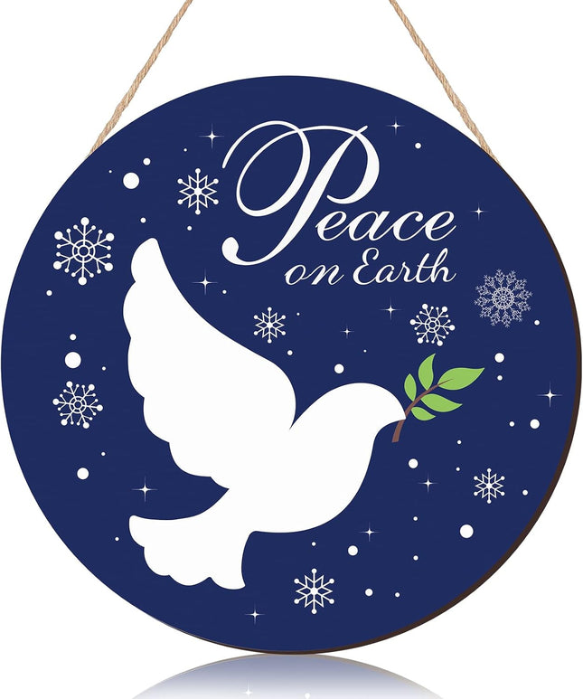 Gerrii Blue Christmas Decorations Christmas Hanging Wooden Sign Peace on Earth Door Sign Round Snow Christmas Wreath for Front Door Funny Winter Wreath Sign for Front Door Rustic Xmas Wood Sign