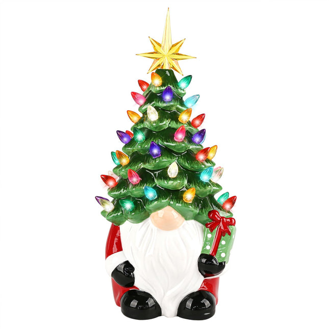Ceramic Christmas Gnomes Tree Lighted Decorations, Lighted Up Ceramic Gnomes Figurine Christmas Table Decor with Pastel Colored LED Lights Indoor Tabletop Holiday Decoration, 12 Inches
