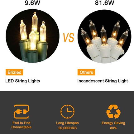 Brizled Warm White LED Christmas Lights, 2 Pack 33ft 100 Lights, Connectable for Trees, Home, Party, Indoor and Outdoor Decor