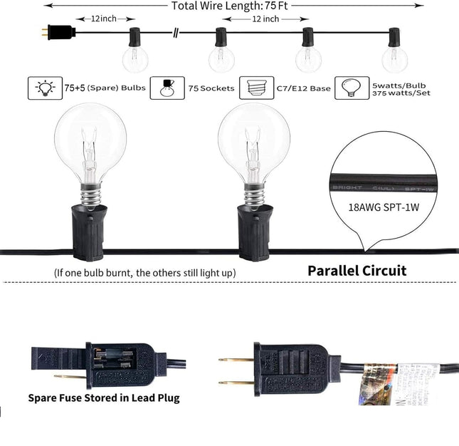 Outdoor String Lights 75Ft G40 UL Listed 80 Edison Bulbs (5 Spare) Globe String Lights Outside Lights Waterproof for Patio Balcony Porch Bistro Cafe Indoor Hanging Lights Christmas Party Decor