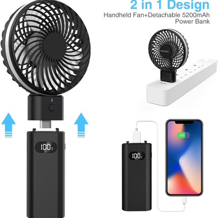 Personal Handheld Fan, Portable Usb Rechargeable Battery Operated Desk Fan With 5200Mah Power Bank Led Screen Function, 5 Speeds