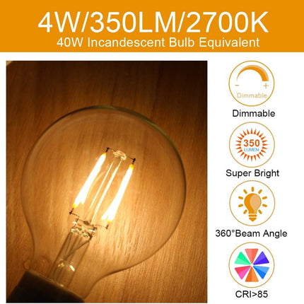 Dimmable LED Edison Light Bulb, G25 (G80) Globe Shape, Clear Glass, 40 Watt Equivalent, 2700K Soft White, Christmas Light, E26 Standard Base, UL Listed, 6-Pack