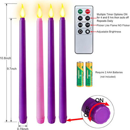 Set of 4 Battery Operated Flameless Taper Candles for Advent Wreath - 3 Purple, 1 Pink - Flickering Candles for Home, Church, School Decor