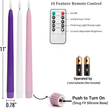 Flameless Advent Candles, Set of 5 - Flickering LED Flame, 11 Inch Taper Candlesticks, Remote Controlled - 3 Purple, 1 Pink, 1 White for Christmas Wreath