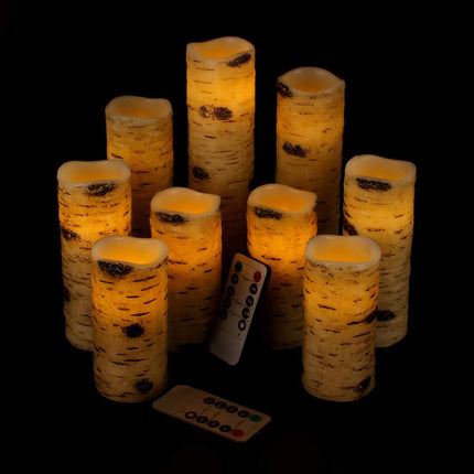 Flameless Candles Birch Bark Effect Battery Operated Candles 4" 5" 6" 7" 8" 9" Set of 9 Real Wax Pillar LED Candles Each Candle 2.2" Diameter with 10-Key Remote Control 2/4/6/8 Hours Timer