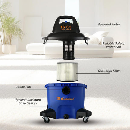 Koblenz Wd16 L4 Portable Wetdry Vacuum, 16 Gallon Tank, Black+Blue