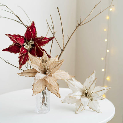 6 pcs Christmas Poinsettia Artificial Glitter Flowers Ornaments Picks 11" for Christmas Tree Wreath Garland Xmas Year Decoration (Light Golden)