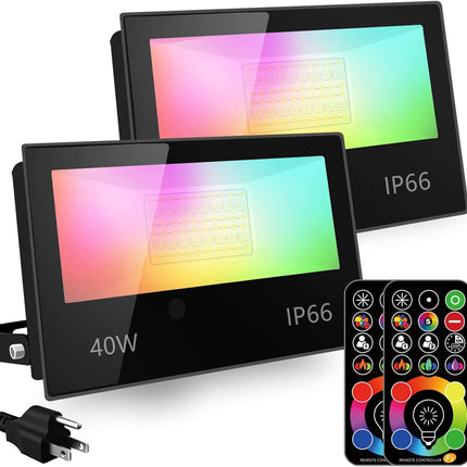 LED Flood Light Outdoor, 40W RGB Color Changing 4000 Lumens FloodLight, DIY Strobe Mode, 120 Colors Uplight, Timing, RGBW 2700K Warm White, IP66 Waterproof Spotlight (2 Pack)
