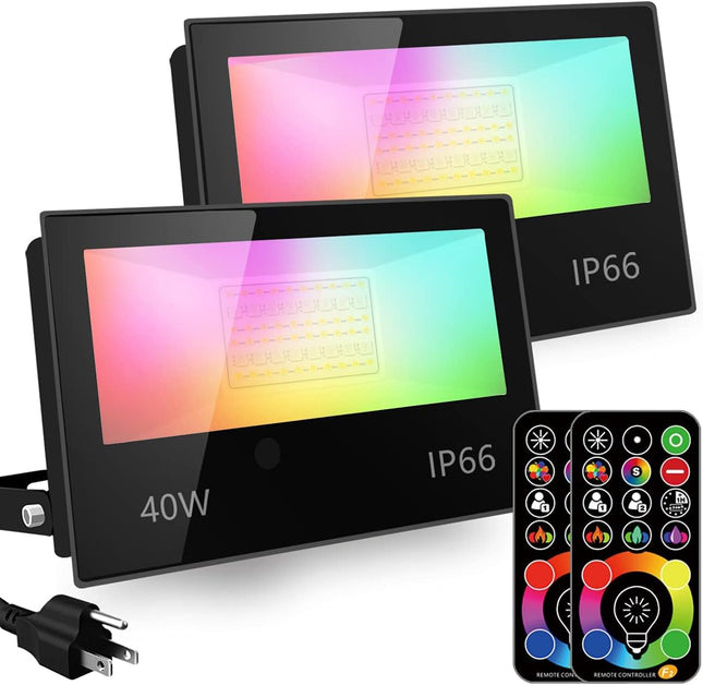 LED Flood Light Outdoor, 40W RGB Color Changing 4000 Lumens FloodLight, DIY Strobe Mode, 120 Colors Uplight, Timing, RGBW 2700K Warm White, IP66 Waterproof Spotlight (2 Pack)