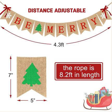 Be Merry Burlap Banner Christmas Decorations Rustic Christmas Tree Snowflake Sign Burlap Garland Christmas Decor for Mantle Fireplace Xmas Holiday Party Supplies Outdoor Indoor Hanging Decor
