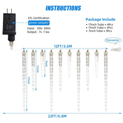 Meteor Shower Lights, 16.5" Outdoor Icicle Christmas Lights 10 Icicles 242 SMD LED Crystal Ice Falling Lights, Connectable Raindrop Icicle Light, Xmas Winter Party Tree Decor, Blue and White