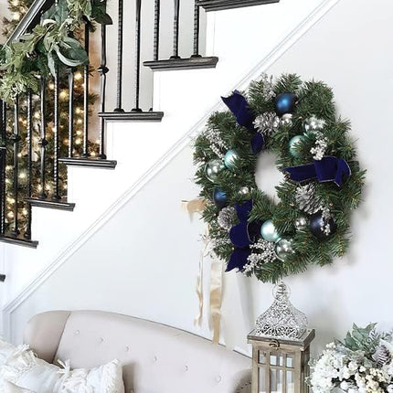 LinTimes Christmas Wreaths, 18 Inch Christmas Wreath for Front Door with 15 LED Lights, Pre-lit Christmas Decoration with Blue Bows Silver Leaves Ball Ornaments for Christmas Wall Window Decor