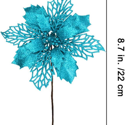 24 Pcs Christmas Teal Blue Glittered Mesh Holly Leaf Artificial Poinsettia Flowers Picks Tree Ornaments 5.9" W for Teal Blue Christmas Tree Wreath Garland Floral Winter Wedding Holiday Decoration
