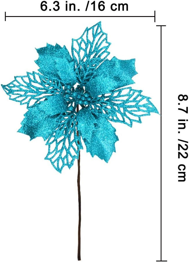 24 Pcs Christmas Teal Blue Glittered Mesh Holly Leaf Artificial Poinsettia Flowers Picks Tree Ornaments 5.9" W for Teal Blue Christmas Tree Wreath Garland Floral Winter Wedding Holiday Decoration