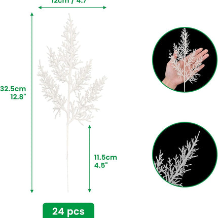 SNAIL GARDEN 24Pcs 12.8"/32.5CM Artificial Snowy Pine Needles Branches, Xmas Pine Picks Pine Twigs,Fake Winter Pine Tree Pick,Christmas Wreath Making Supplies for DIY Christmas Tree Decor