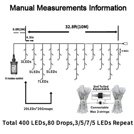 YEGUO 400 LED Blue Icicle Lights Outdoor Waterproof, 33ft 80 Drops Icicle String Lights Connectable, 8 Modes Icicle Christmas Lights with Memory