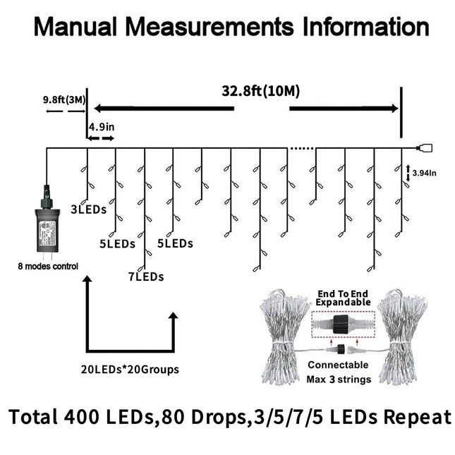 YEGUO 400 LED Blue Icicle Lights Outdoor Waterproof, 33ft 80 Drops Icicle String Lights Connectable, 8 Modes Icicle Christmas Lights with Memory