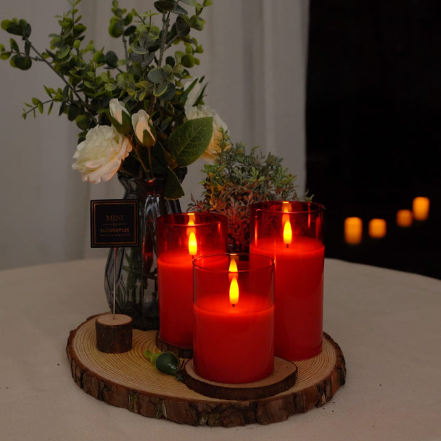 Amagic Red Glass Flameless Candles Battery Operated with Timer, Remote Control, LED Pillar Candles Battery Powered, Wax, D3 H4 5" 6", Set of 3