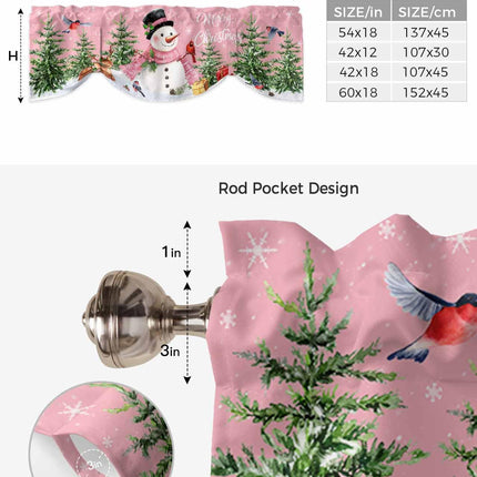 Christmas Pink Tie Up Window Valances for Kitchen Cute Snowman Rod Pocket Curtain Valances Christmas Tree Snowflake Short Topper for Small Windows Valance Curtains for Bedroom Living Room 42" x 18"