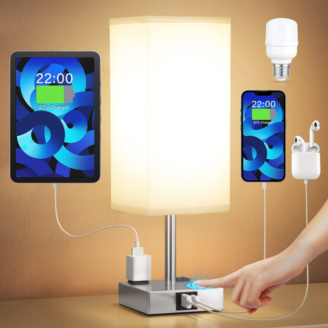 Bedside Table Lamp Touch Control, with USB C+A Charging Ports & Dual AC Outlets, 3-Way Nightstand Lamp for Bedroom with LampShade Living Room Office(LED Dimmable Bulb Included)