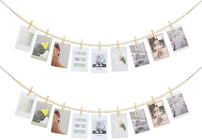 Hanging Photo Display Wall Decor, 2PCS Boho Wooden Bead Garland Collage Picture Frame with 9 Wood Clips for Bedroom, Living Room, Office, Dorm Decor, Photos Holder Teen Girl s