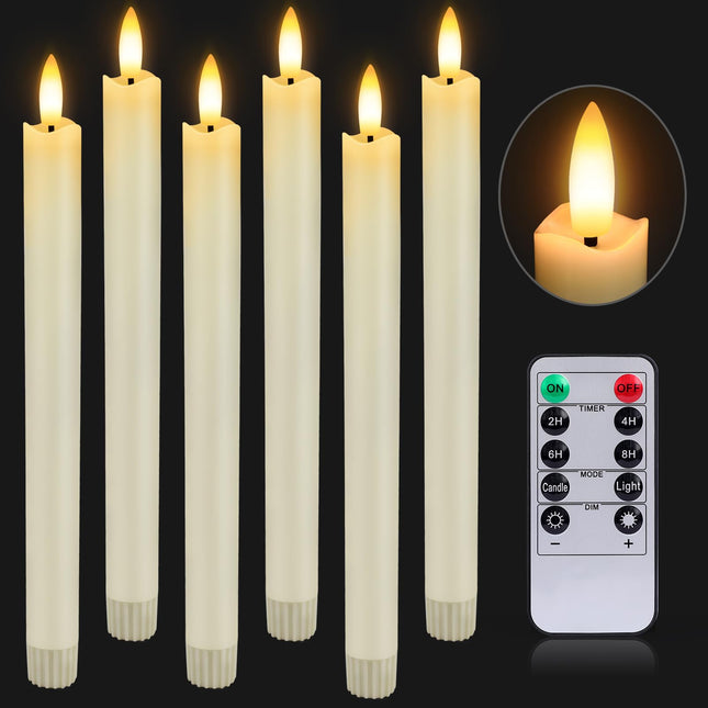 HINZER 6 Pcs Flameless Taper Candles with Remote & Timer, 9.6'' Battery Operated Candles Real Wax LED Warm 3D Wick Flickering Candles for Christmas Halloween Window Wedding Decor, Ivory