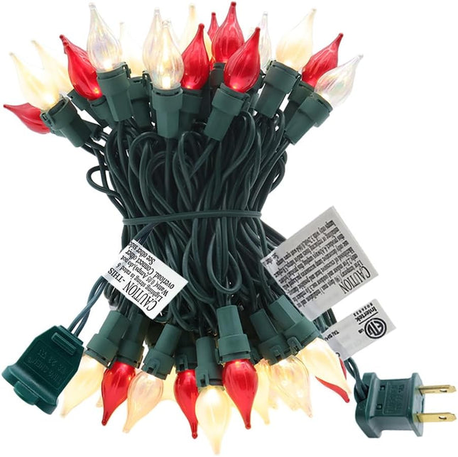Red White C3 Flame Christmas Lights Outdoor 50 LED Plug in Waterproof Extendable Green Wire for Indoor Patio Xmas Thanksgiving Tree Decoration