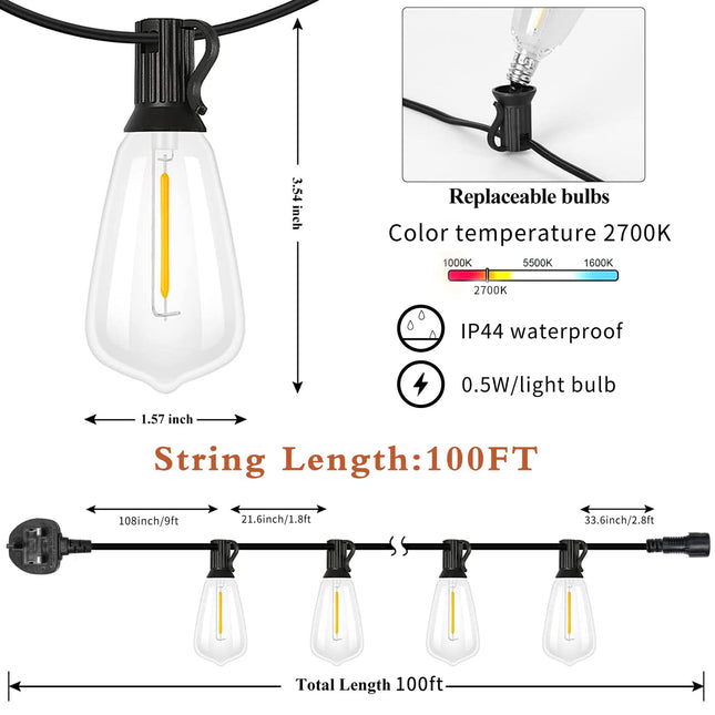 100FT LED Outdoor String Lights, Waterproof Patio Lights with 50+2 Edison Shatterproof Bulbs, Outside Hanging Light, Christmas Decorative for Patio, Cafe, Garden, Bar