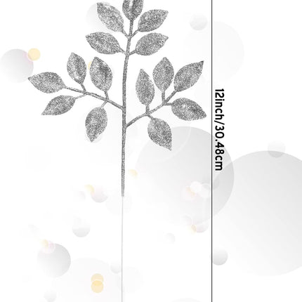 Chuangdi 30 Pcs Christmas Glitter Picks 12 Inch Artificial Xmas Tree Sprigs and Twigs Glitter Spray Christmas Trees Leaves Plastic Xmas Decoration Fake Bunch Stem for DIY Garland Wreath(Silver)