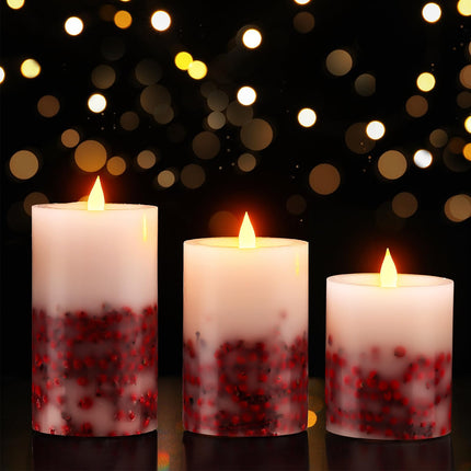 3 Pcs Christmas Flameless LED Candles Rowan Berries Embedded Real Wax Unscented Flicker Wick Pillar Candle Battery Operated Warm Light for Home Party Xmas Decoration