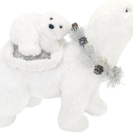 Nature Vibe 12.6 Inches White Faux Fur Polar Bear Christmas Decorations with Garland,Christmas Polar Animal Baby Bear and Mom as Winter Wonderland Decorations, Christmas Home Decor