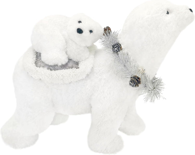 Nature Vibe 12.6 Inches White Faux Fur Polar Bear Christmas Decorations with Garland,Christmas Polar Animal Baby Bear and Mom as Winter Wonderland Decorations, Christmas Home Decor