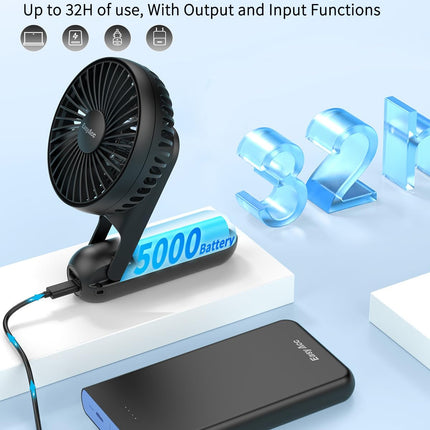 Easyacc Portable Handheld Fan, 5000Mah 32H Rechargable Personal Fan, 5 Speed Powerful Ultra Quiet Usb C Small Desk Fan, 180° Fold
