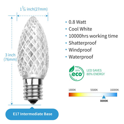 Meconard C9 Led Replacement Christmas Light Bulbs, C9 Shatterproof Led Bulbs for Christmas Indoor Outdoor String Lights, E17 Intermediate Base, Commercial Grade Holiday Bulbs, Cool White, 50Pack